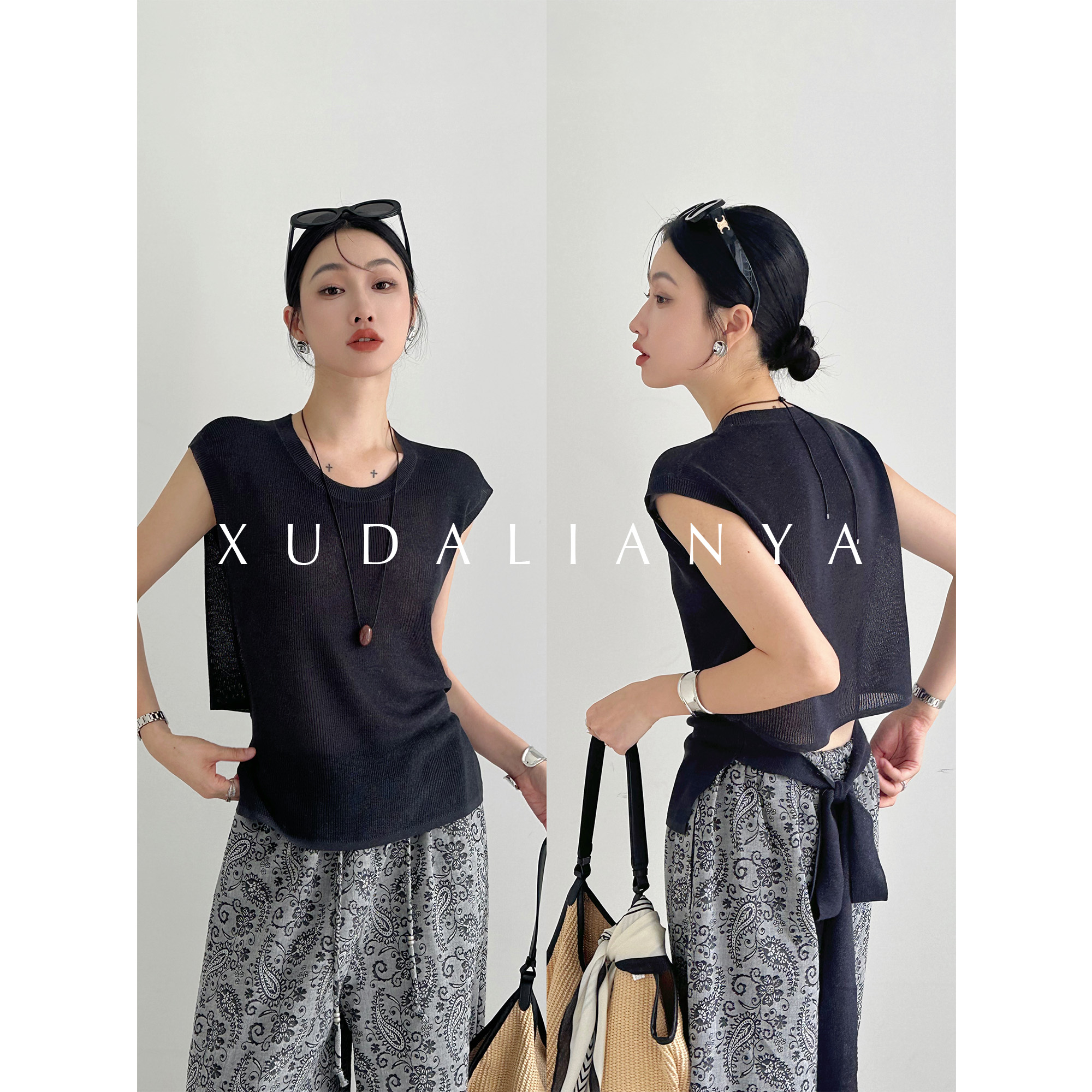 徐大脸吖定制 小心机设计绑带无袖上衣天丝亚麻针织背心女夏外穿