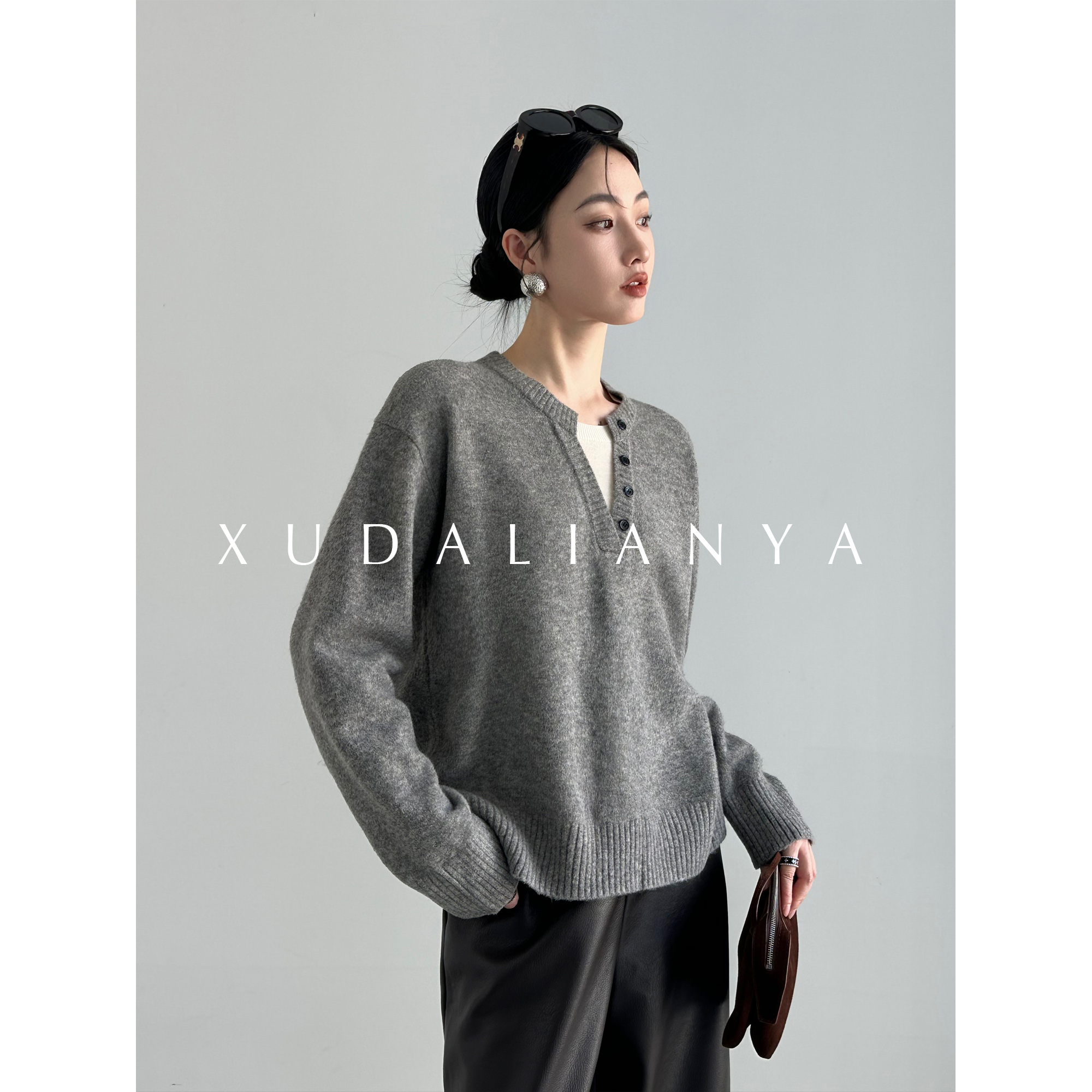 徐大脸吖定制 老钱风假两件羊毛混彩秋冬松弛慵懒感亨利领毛衣女