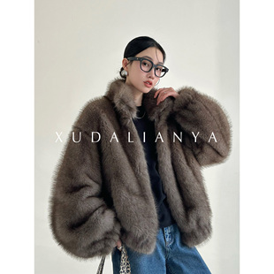 徐大脸吖定制 染尖双色环保水貂毛立领毛毛外套冬时髦短款皮草女
