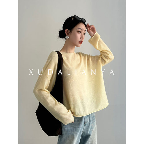 徐大脸吖定制 纸片人薄款天丝羊毛春一字领慵懒氛围针织衫女毛衣