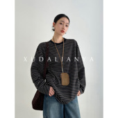 春秋休闲条纹长袖 徐大脸吖定制 韩系复古全棉圆领针织衫 T恤女上衣