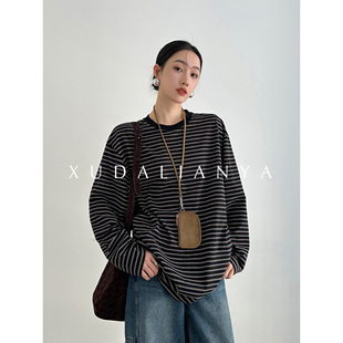 T恤女上衣 春秋休闲条纹长袖 徐大脸吖定制 韩系复古全棉圆领针织衫