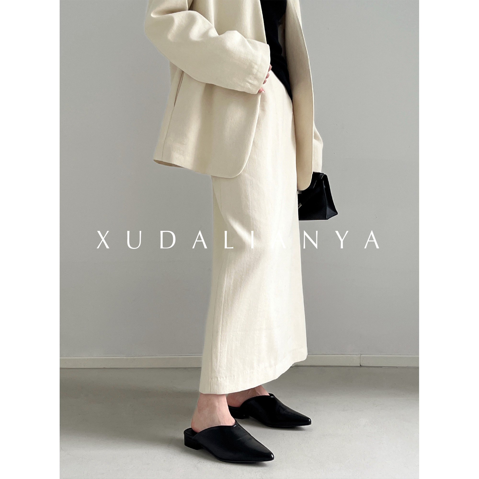 徐大脸吖定制 棉麻开叉西装裙春秋a字裙子中长款直筒高腰半身裙女