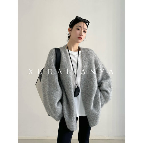 徐大脸吖定制 软糯羊驼毛蓬松毛衣外套秋慵懒氛围廓形v领大开衫女