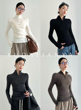 徐大脸吖定制 扬子纱100羊毛无缝半高领拉链打底衫拇指袖针织衫女