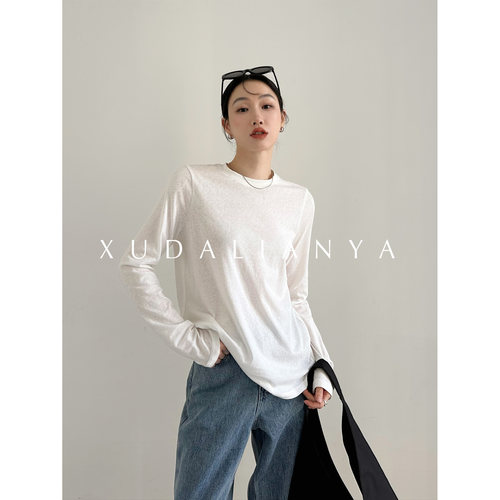 徐大脸吖定制 干爽凉爽新疆棉tee上衣春基础款宽松长袖白色T恤女