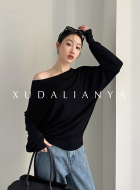 徐大脸吖定制 100天丝一字领针织衫早春亲肤露锁骨套指长袖上衣女