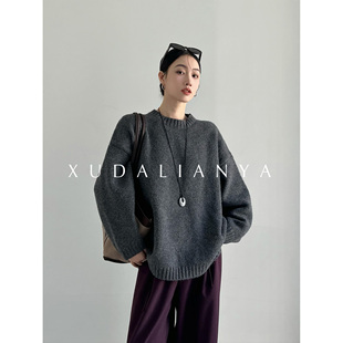 徐大脸吖定制 秋冬宽松廓形圆领毛衣女 高克重密实羊毛混纺针织衫