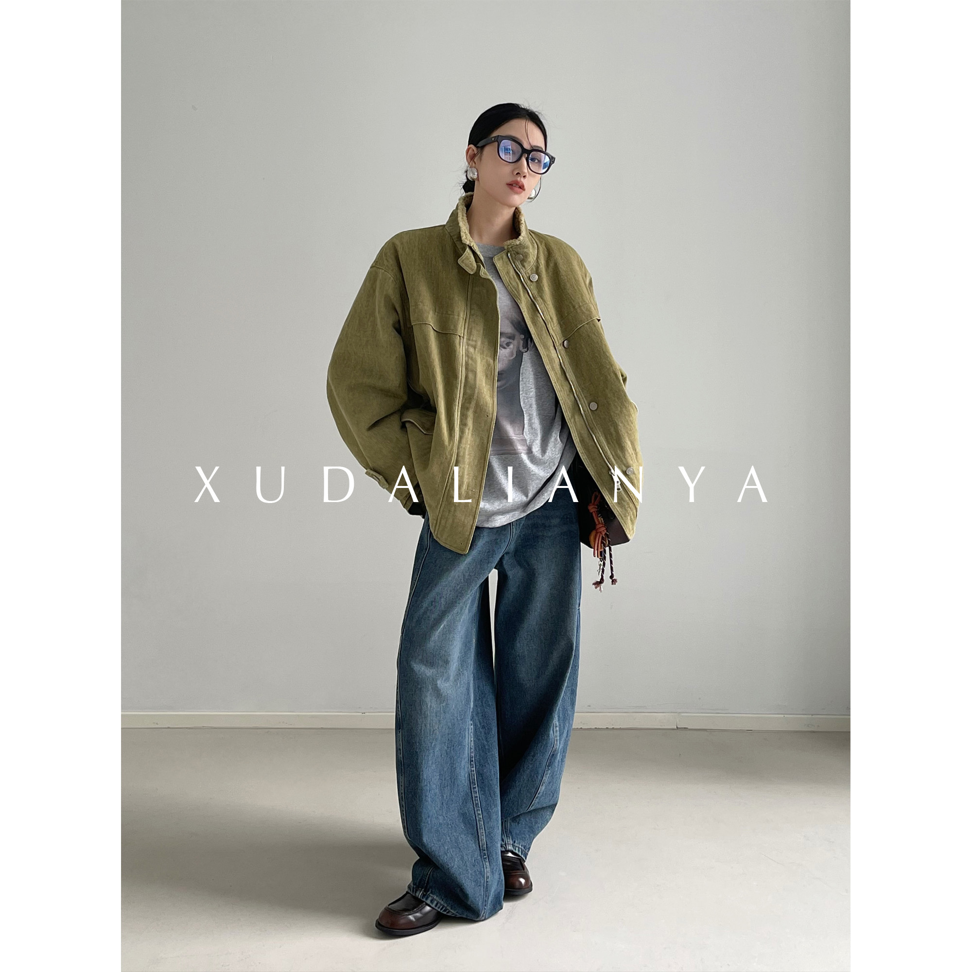 徐大脸吖定制 加绒加厚复古水洗翻领牛仔外套冬羊羔毛夹克外套女