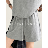 徐大脸吖定制 子女百搭 阔腿高腰休闲短裤 垂感天丝灰色运动裤 夏季