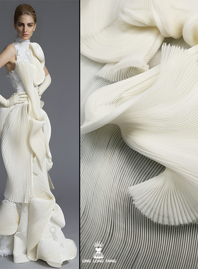 白色百褶欧根纱风琴小皱布料硬阔造型装饰舞台手工礼服设计师面料