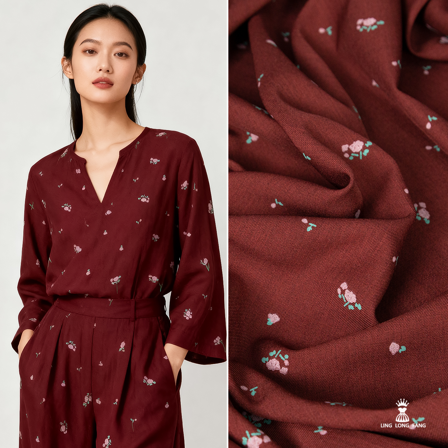 酒红色小碎花斜纹布料 清新甜美风花束印花背带裤连衣裙服装面料