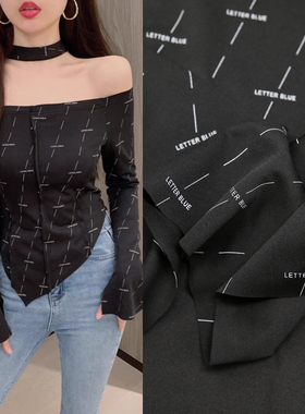 黑色针织胶印字母印花布料 弹力针织裤子T恤短袖套装服装面料