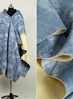 雾蓝色牛仔纹复古布料文艺做旧人造PU皮革外套包包服装设计师面料