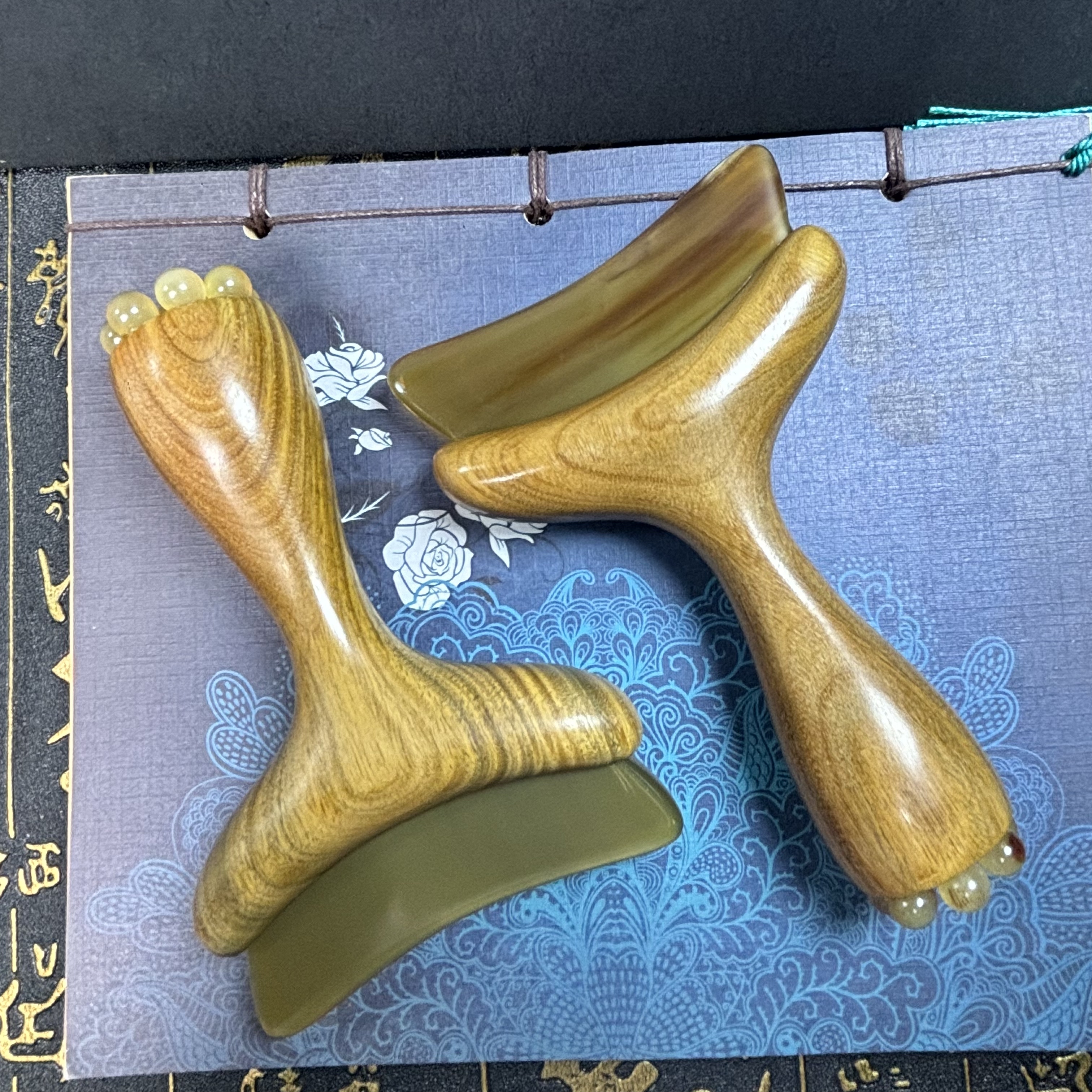 天然绿檀木牛角双头面部提拉颈部淋巴疏通刮痧板莲蓬眼部放松舒缓