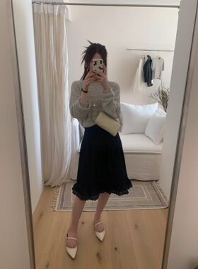 韩系慵懒风立体感针织衫 蕾丝边高腰A字版型牛仔半裙