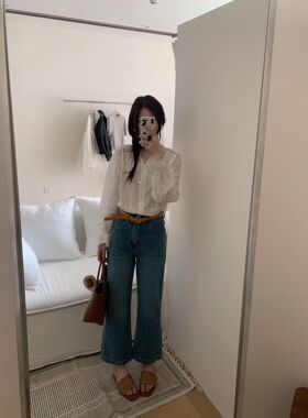 重工云朵刺绣蕾丝边小衫 高腰百搭微喇牛仔裤