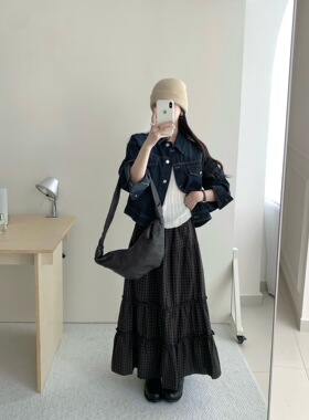 复古洋气翻领正肩牛仔外套 三粒扣u领坑条背心 松紧腰抽绳格子裙