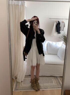 机车风遮肉显瘦皮衣 纯欲白色背心连衣裙