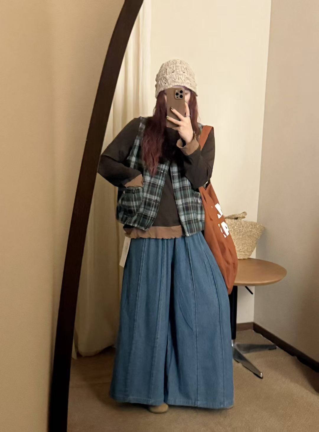 撞色拼接打底衫 复古格子马甲 复古休闲松紧腰牛仔裤