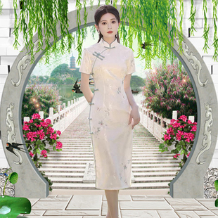 新款中式印花连衣裙年轻款复古风淡雅日常裙子中长款小个子少女夏