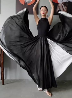720度千千阙歌古典舞黑白双层中国风雪纺大摆裙新款人世间舞蹈服
