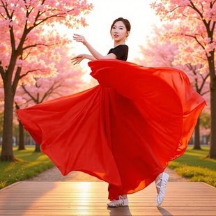 雪纺720度舞蹈大摆裙春夏新款双层半身裙高腰纯色大码拖地沙摊裙