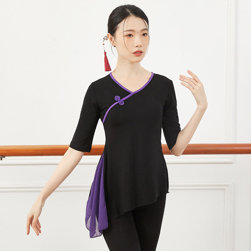 舞蹈服装女短中长袖广场舞复古盘扣撞色莫代尔上衣中老年跳舞