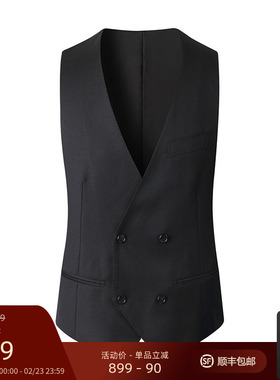 GIEVES CHARLES新款纯羊毛黑色男士修身结婚马甲商务休闲百搭