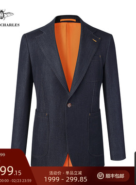 GIEVES CHARLES限量版高级手工时尚休闲丹宁牛仔西服外套上衣男