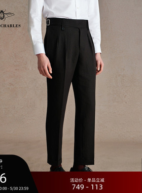 【26春新品】亚麻混纺黑色廓尔喀双褶高腰西裤男士通勤透气长裤男