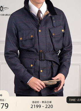 【MOON】进口面料纯羊毛蓝色M65狩猎立领夹克男士巴恩风外套风衣