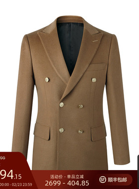 GIEVES CHARLES限量版浅棕色羊毛羊绒混纺双排金扣手工男士西服