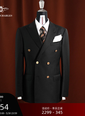 【经典布雷泽】黑色羊毛双排金扣布雷泽西服商务正装休闲西服男