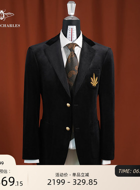 【秋冬新品】布雷泽枫叶徽章高级丝绒晚宴黑色西服气质西装外套男
