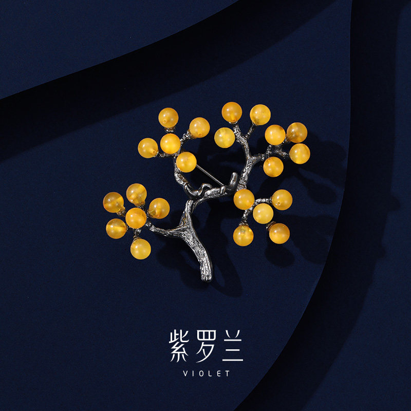 【紫罗兰正版】丰财树胸针高档精致蜜蜡胸花别针高级生日礼物