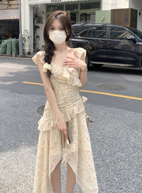 夏季新款森系学生小清新碎花不规则吊带裙子气质显瘦内搭连衣裙女