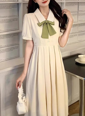 百褶裙日系小清新蝴蝶领结收腰显瘦连衣裙女夏季少女学生森系裙子