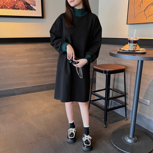 2024秋冬季新款女装撞色连衣裙宽松显瘦韩版中长款高领卫衣打底裙