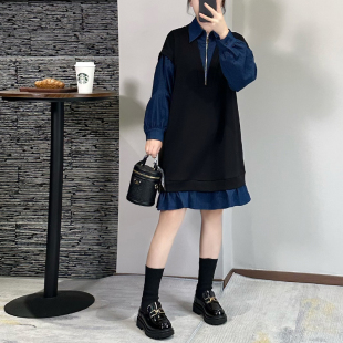 新款 裙子牛仔拼接长袖 大码 时尚 打底连衣裙女 假两件女装 2025秋冬季