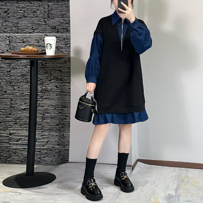 2025秋冬季新款大码假两件女装时尚裙子牛仔拼接长袖打底连衣裙女