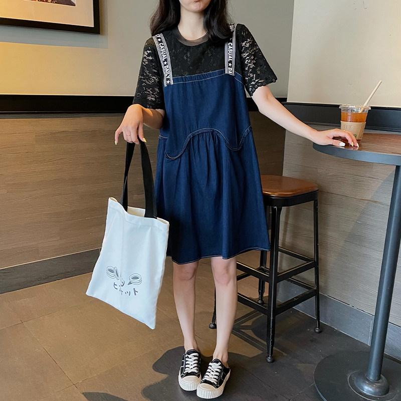 法式女2022夏季新款大码女装裙子女假两件胖mm气质拼接牛仔连衣裙