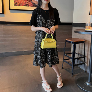 雪纺碎花拼接假两件显瘦遮肚子2025新款女夏季连衣裙大码胖mm裙子