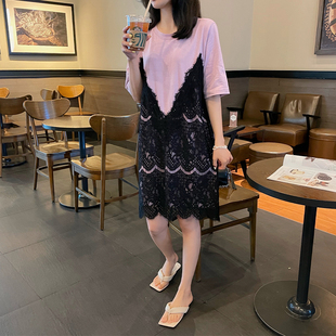 2025夏装新款大码女装胖mmT恤裙蕾丝拼接假两件显瘦宽松连衣裙女