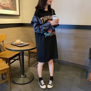 2025秋季新款韩版时尚拼接卫衣裙宽松大码显瘦长袖连衣裙中长款女