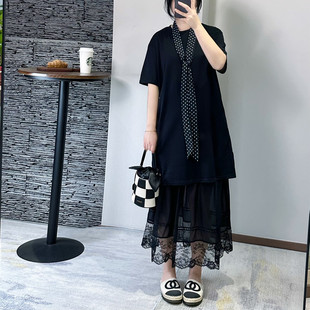 老莫家大码女装2025夏季新款法式复古拼接蕾丝短袖连衣裙女2件套