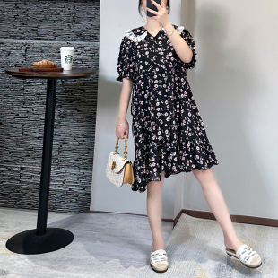 大码夏装娃娃领碎花A字裙胖妹妹通勤时尚泡泡袖连衣裙遮肚子仙女
