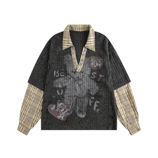 2025秋冬男美式痞帅擦色印花拼接深V连帽假两件卫衣男生百搭高级