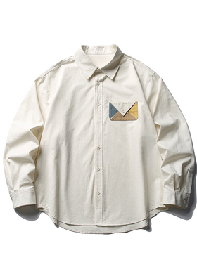 日系水洗搭工装口袋拼接衬衫男秋季新款宽松休闲纯色长袖外套