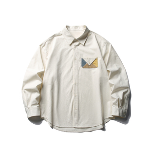 新款 日系水洗搭工装 口袋拼接衬衫 男秋季 外套 宽松休闲纯色长袖